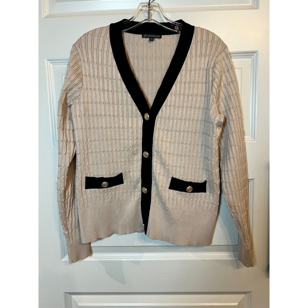 Adrianna Papell Lady Cardigan Cream Black Gold Button Sweater L - Picture 2 of 6
